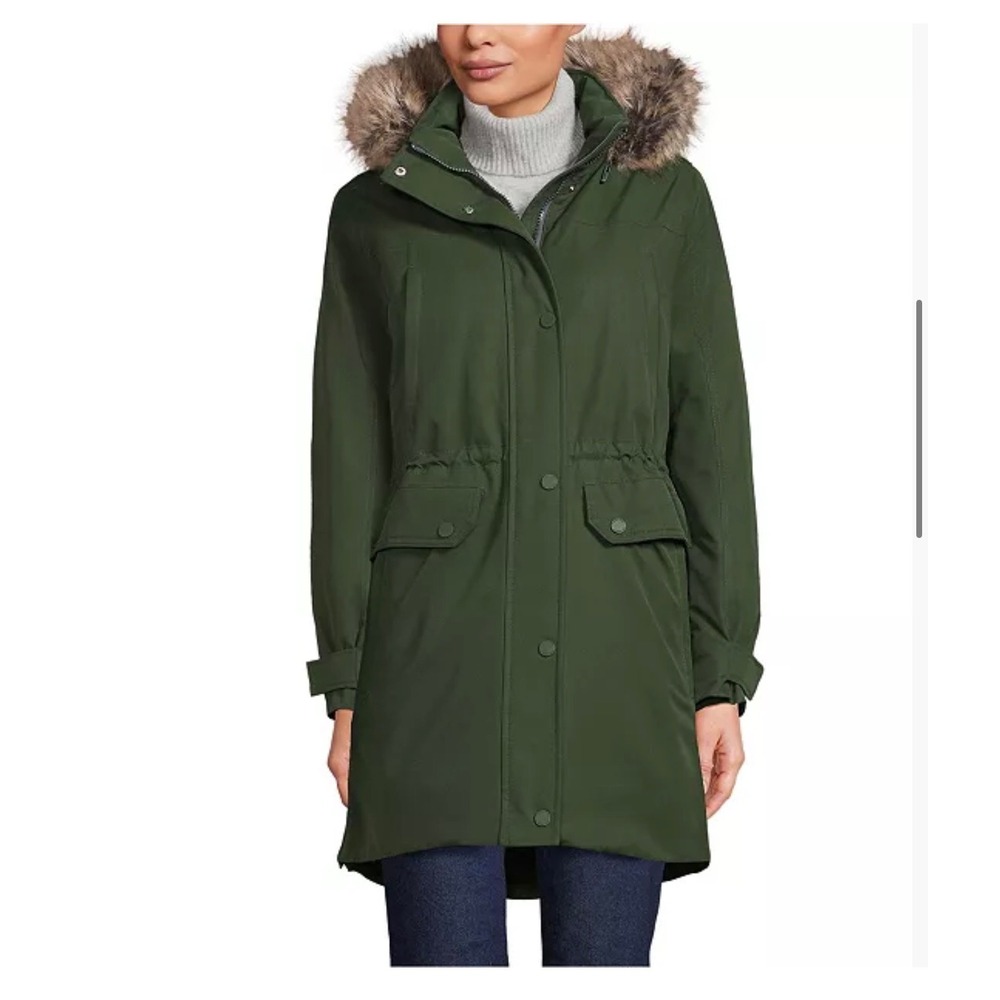 Lands End Womens L Petite Expedition Waterproof Down Parka Faux Fur Hood Green